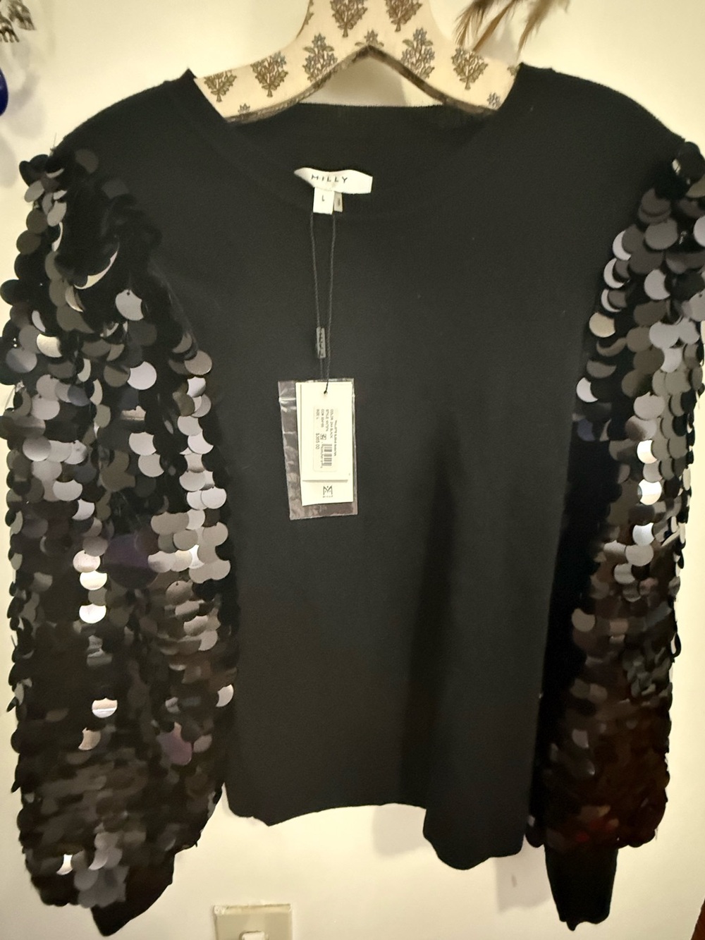 MILLY NWT Paillette Sleeve Sweater Black Sequin Statement Sweater Size L $365